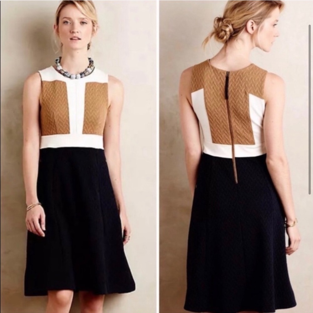 Colorblock Sleeveless A-Line Dress — Tan, White & Black